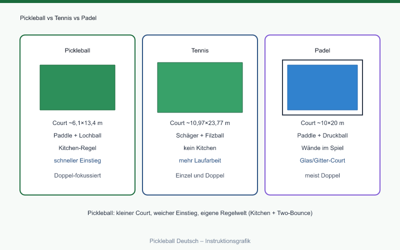 Pickleball vs Tennis vs Padel im Größenvergleich